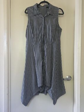 Sleeveless Blue Striped Button-Front Midi Dress